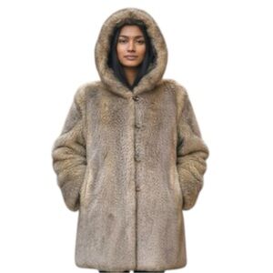 Vintage Tan Brown Faux Fur Hooded Coat Sz L Toggles Chunky Native Teddy Jacket